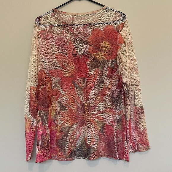 Floral Painted Openwork Round Neck Long Sleeve Top L/XL - Picture 2 of 6